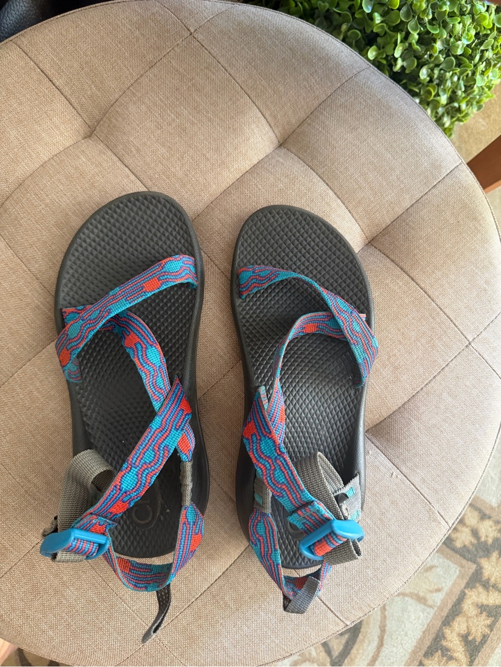 Chaco Women's Sandals in Black with Blue and Red Patterned Straps